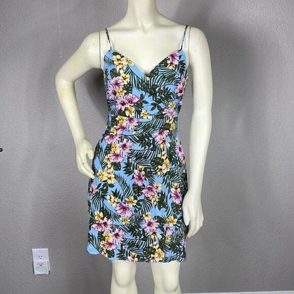 NWT JOA Tropical Print Mini Dress Sleeveless Faux Wrap Floral Hibiscus Sz S - Picture 2 of 14